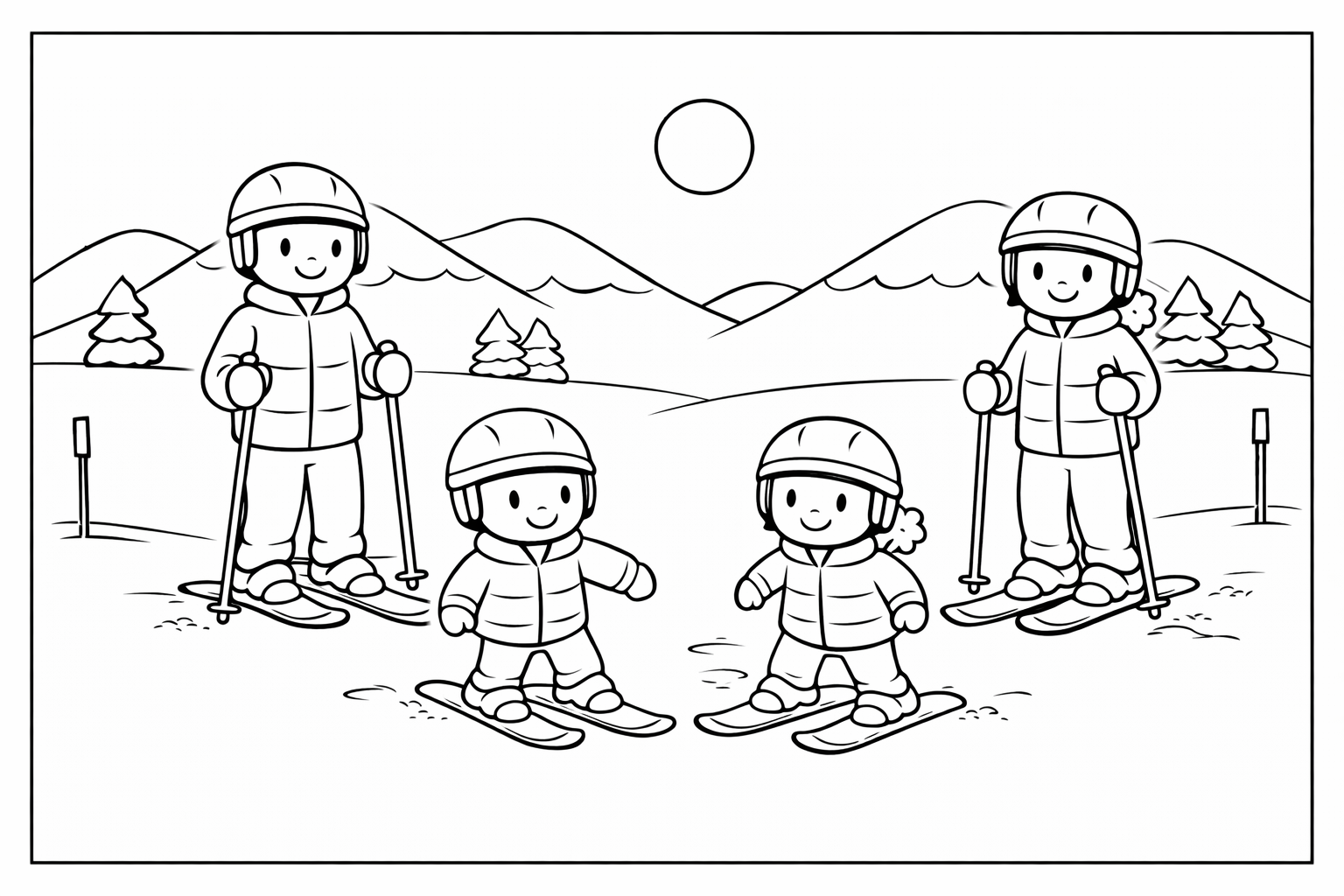 Ausmalbild: Familie auf der Piste – kostenlose Malvorlage von Family Ski Tales