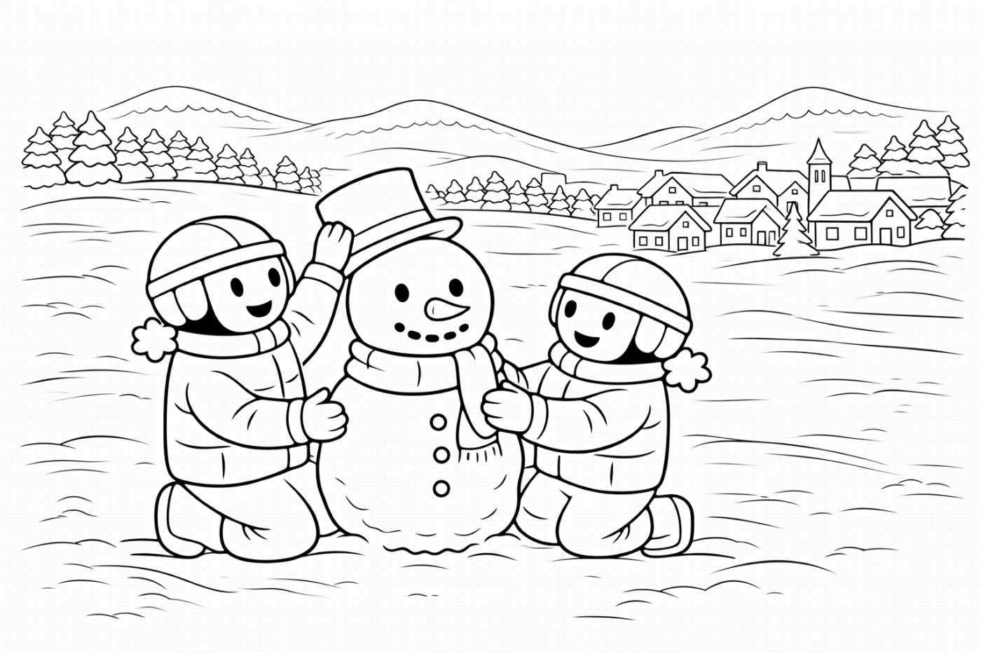 Ausmalbild: Schneemann bauen – kostenlose Malvorlage von Family Ski Tales