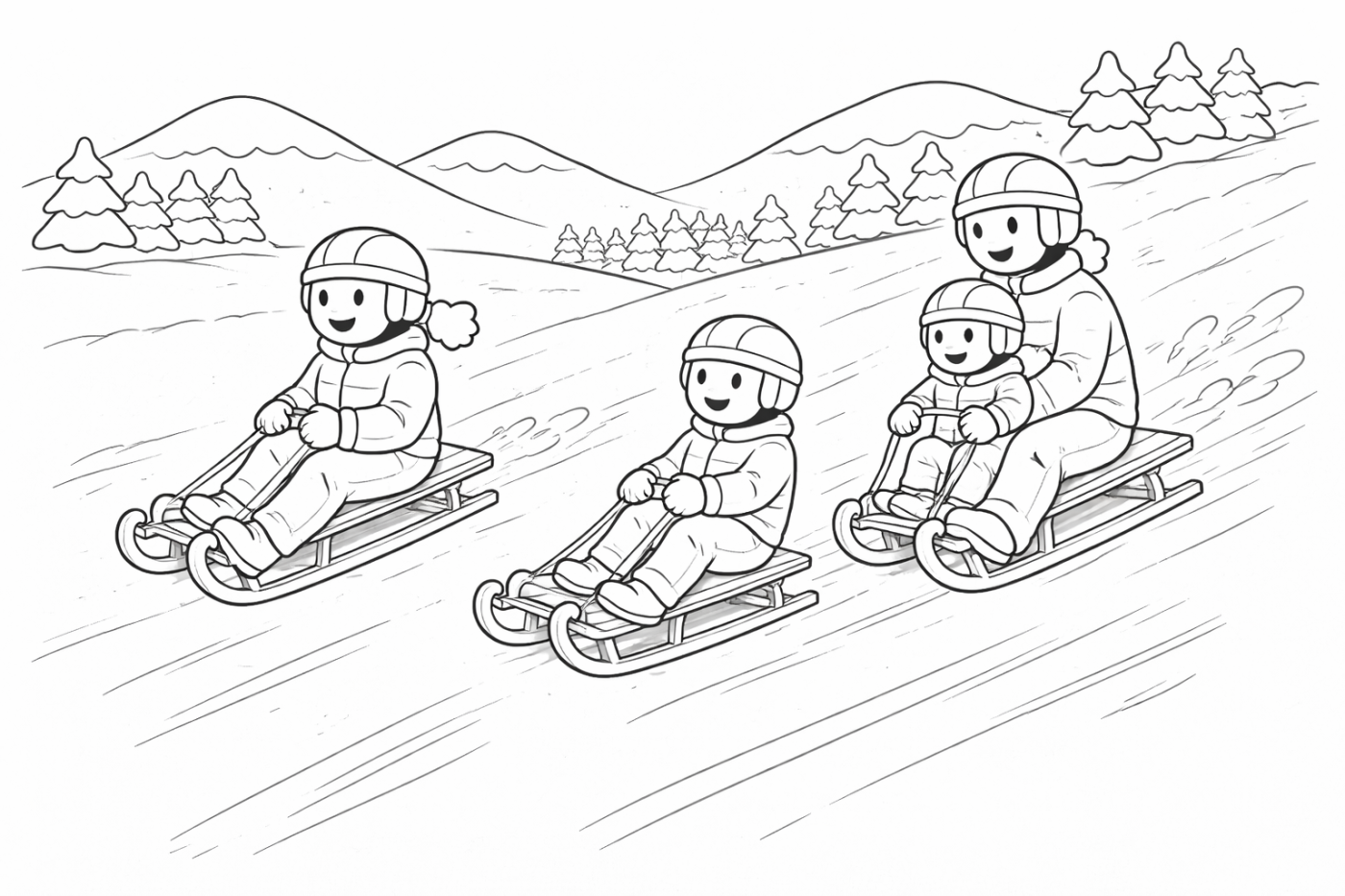 Ausmalbild: Schlitten fahren – kostenlose Malvorlage von Family Ski Tales