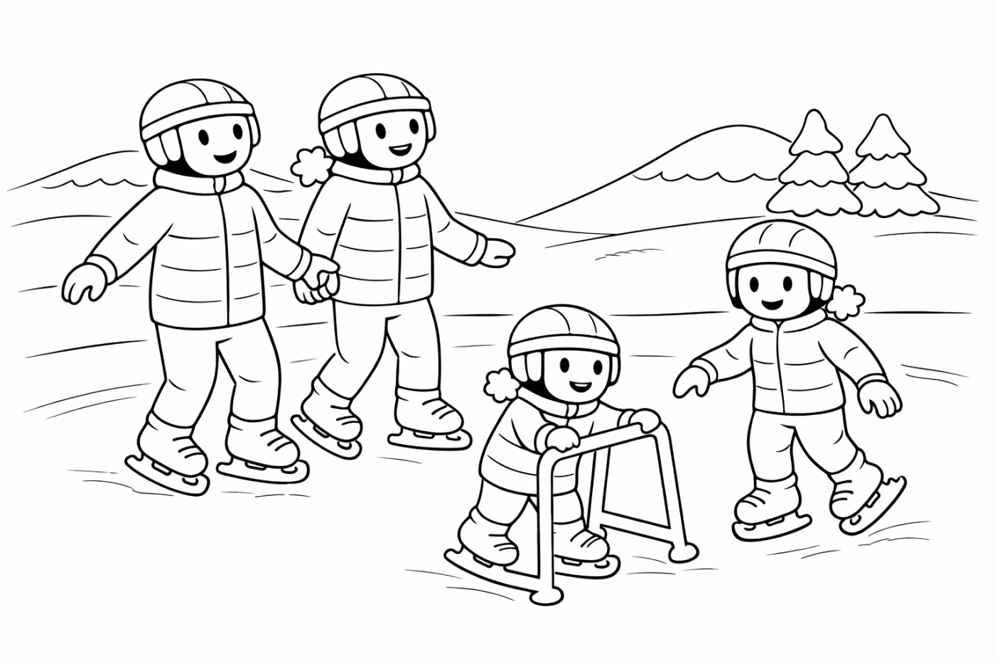 Ausmalbild: Schlittschuh fahren – kostenlose Malvorlage von Family Ski Tales