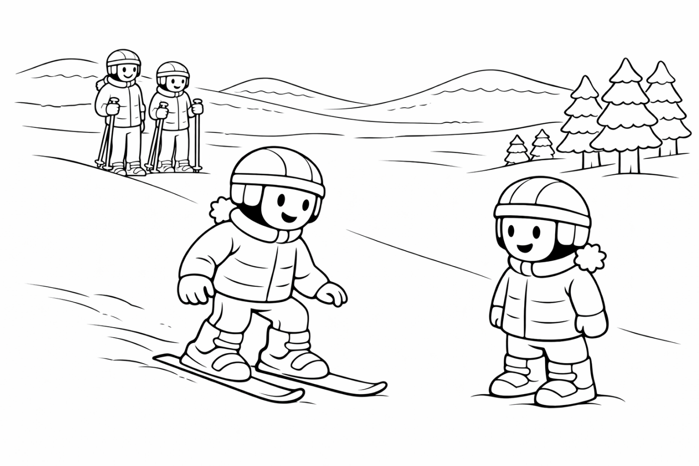 Ausmalbild: Skifahren üben – kostenlose Malvorlage von Family Ski Tales