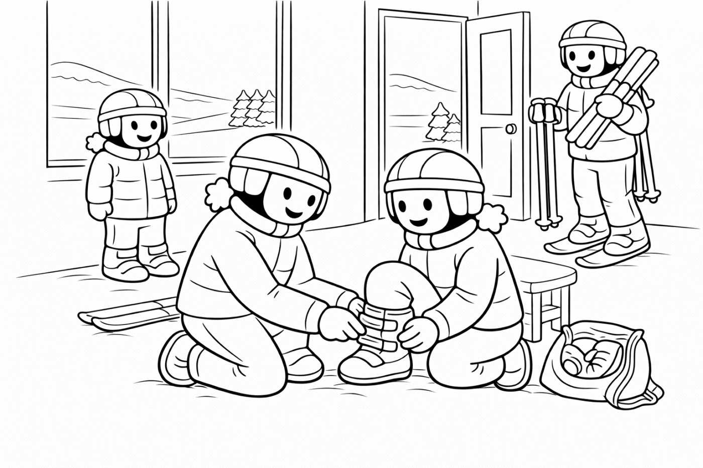 Ausmalbild: Skischuhe anziehen – kostenlose Malvorlage von Family Ski Tales