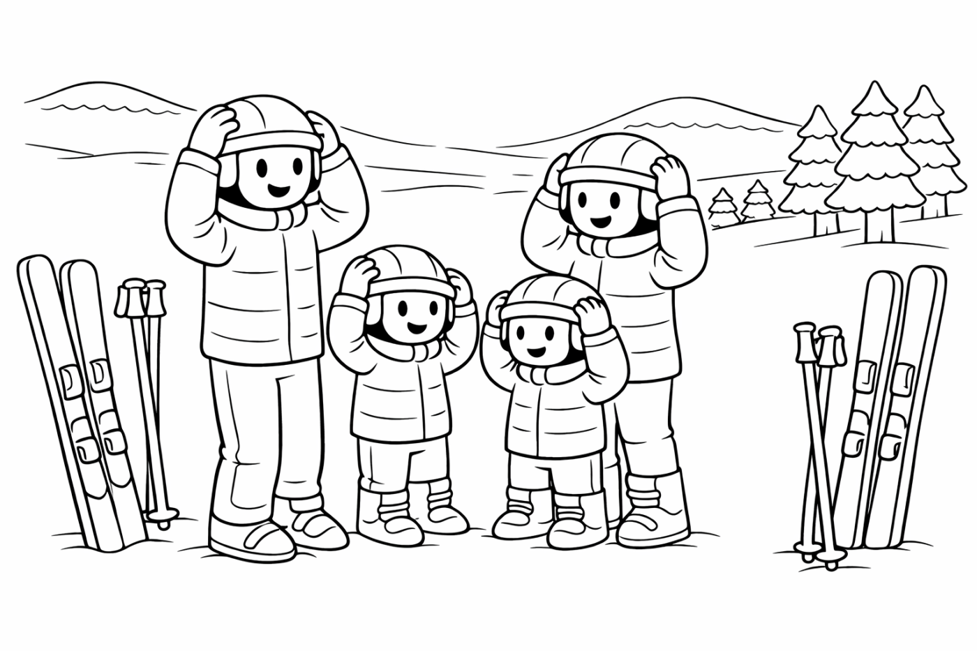 Ausmalbild: Skihelm aufsetzen – kostenlose Malvorlage von Family Ski Tales
