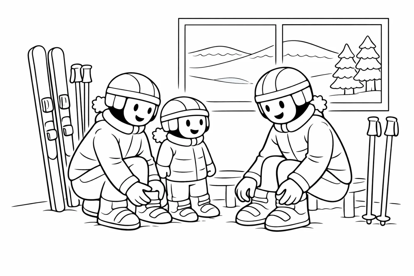 Ausmalbild: Fertig machen für den Skitag – kostenlose Malvorlage von Family Ski Tales