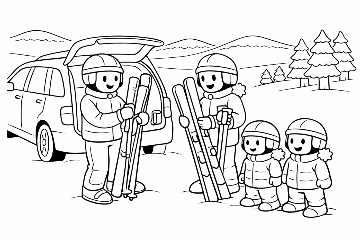 Ausmalbild: Skier aus dem Auto laden – kostenlose Malvorlage von Family Ski Tales