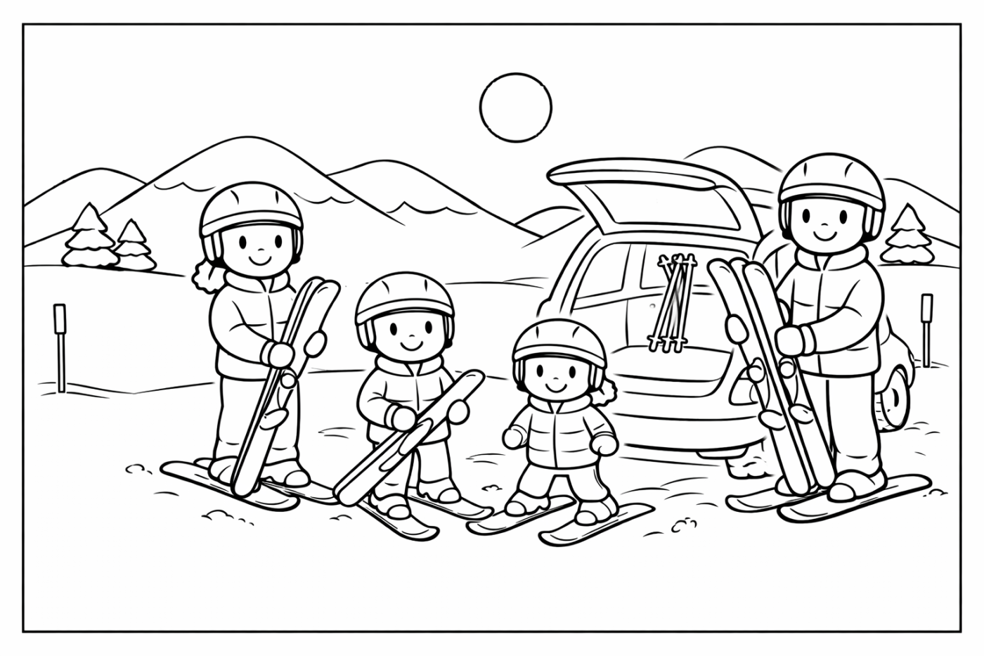 Ausmalbild: Das Auto ausladen – kostenlose Malvorlage von Family Ski Tales