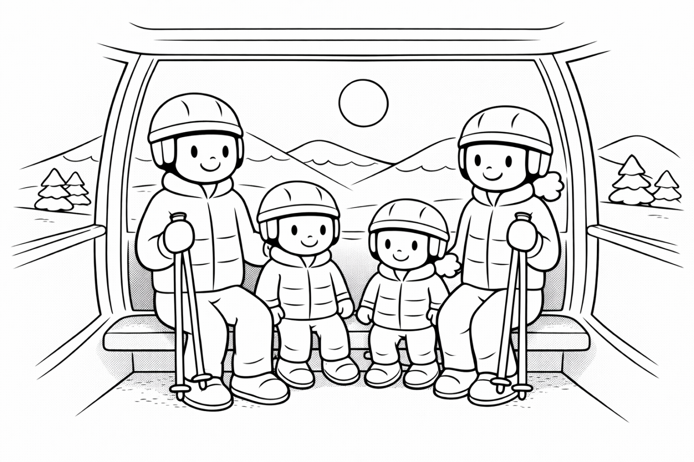Ausmalbild: Familie im Sessellift – kostenlose Malvorlage von Family Ski Tales