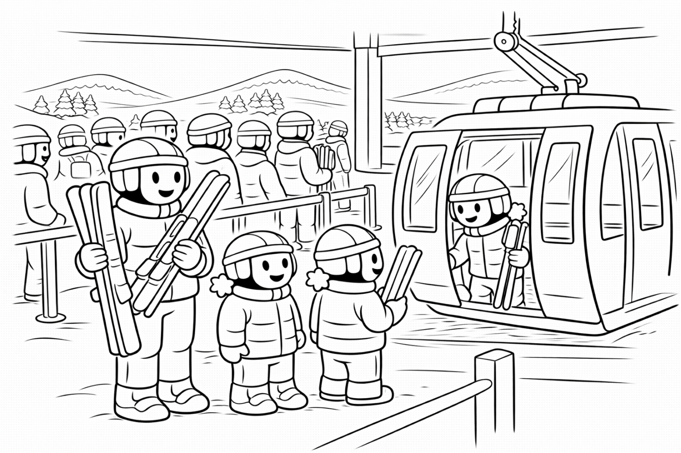Ausmalbild: In die Gondel einsteigen – kostenlose Malvorlage von Family Ski Tales