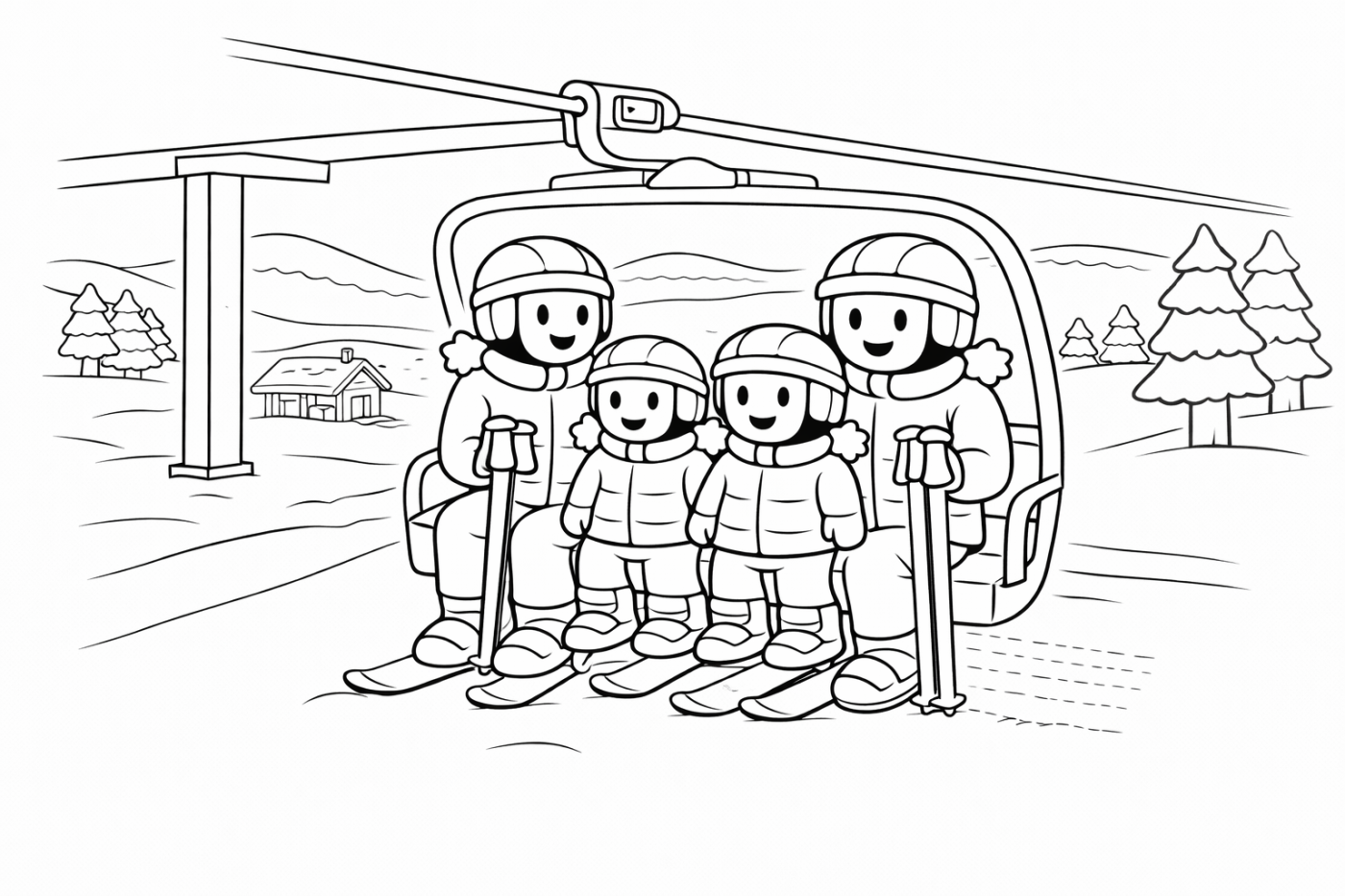 Ausmalbild: Der Sessellift – kostenlose Malvorlage von Family Ski Tales