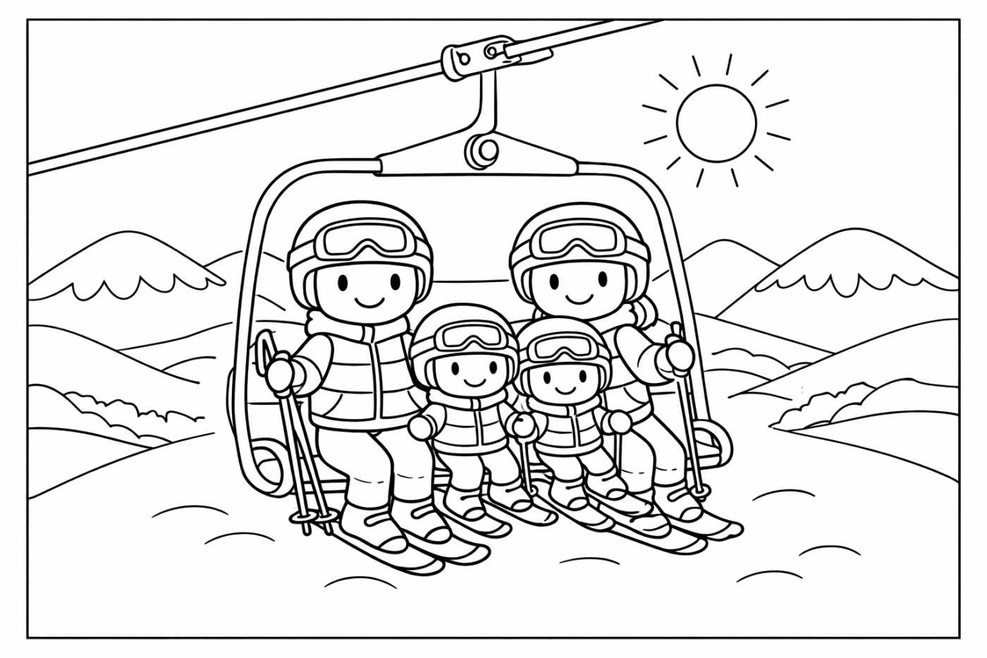 Ausmalbild: Sessellift fahren – kostenlose Malvorlage von Family Ski Tales