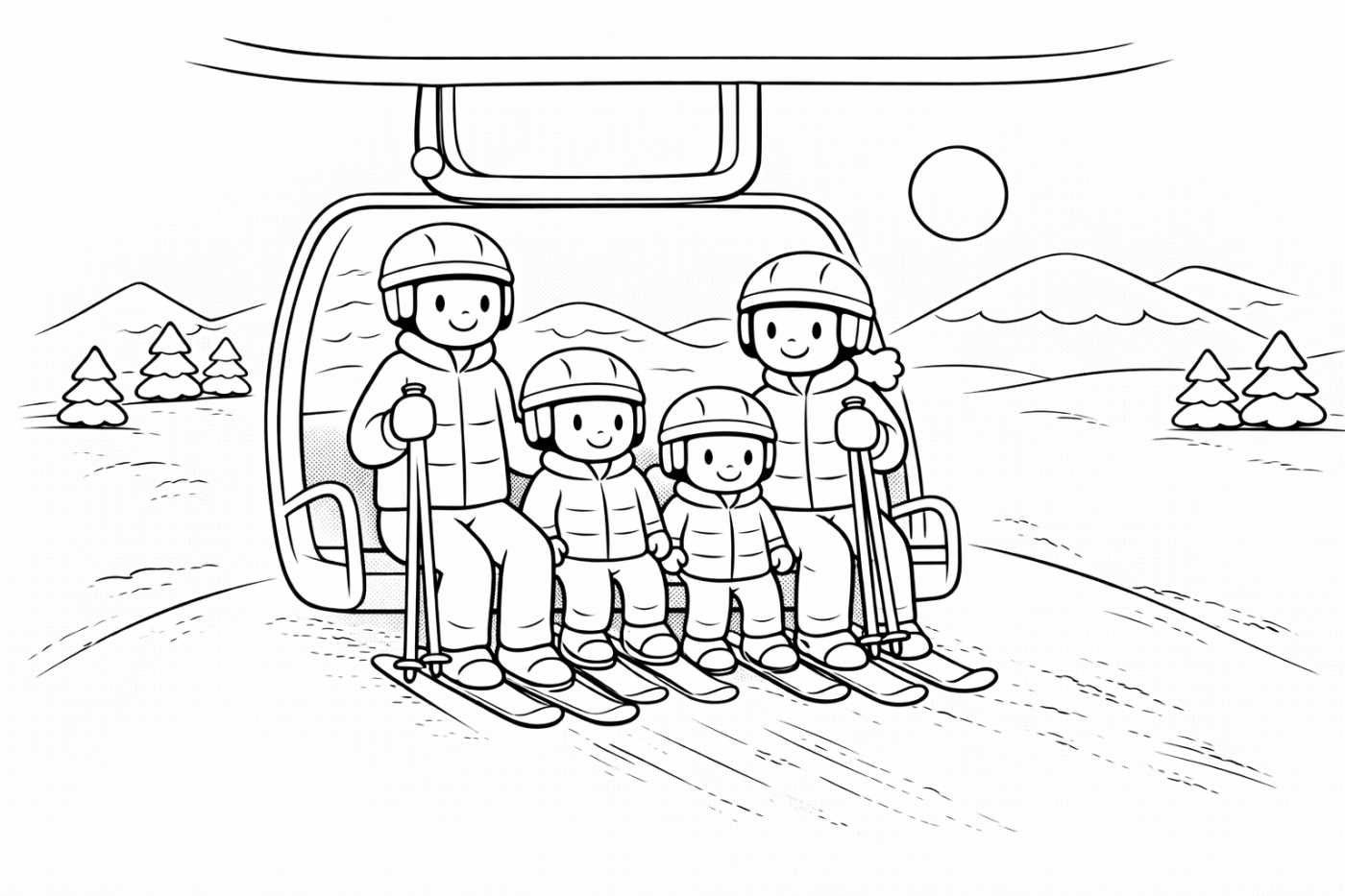Ausmalbild: Ankunft am Sessellift – kostenlose Malvorlage von Family Ski Tales