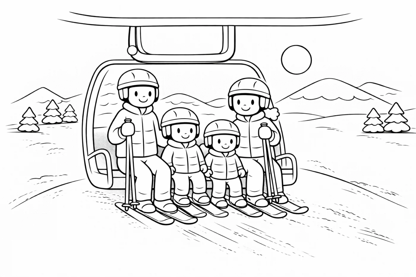 Ausmalbild: Ankunft am Sessellift – kostenlose Malvorlage von Family Ski Tales