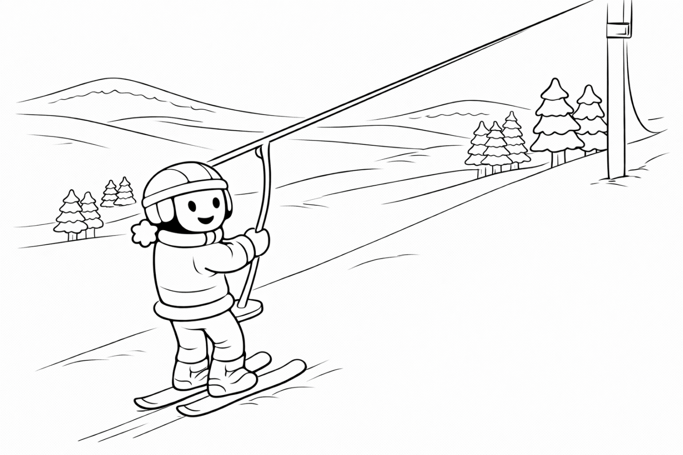 Ausmalbild: Tellerlift fahren – kostenlose Malvorlage von Family Ski Tales