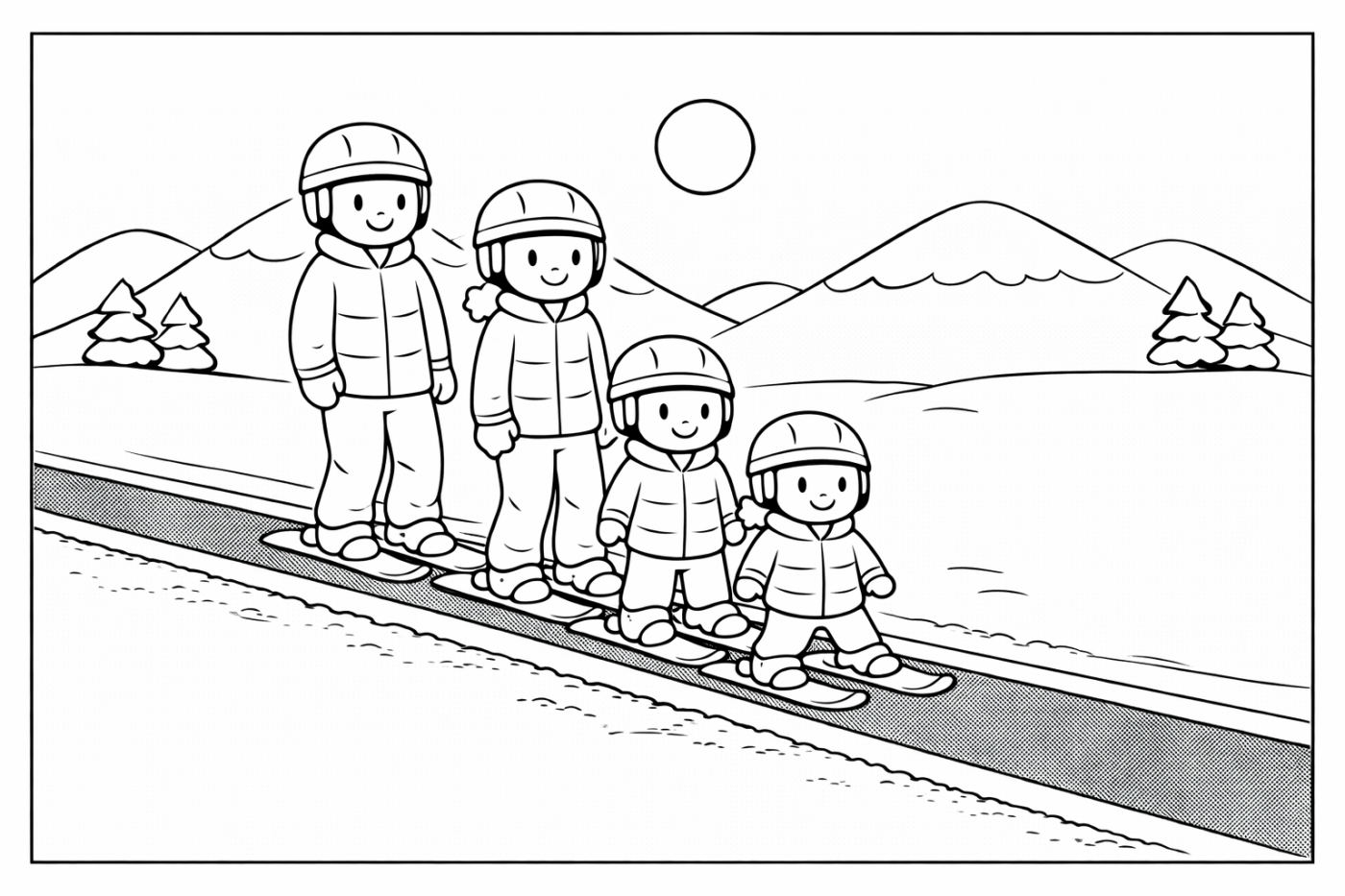 Ausmalbild: Fahrt auf dem Zauberteppich – kostenlose Malvorlage von Family Ski Tales
