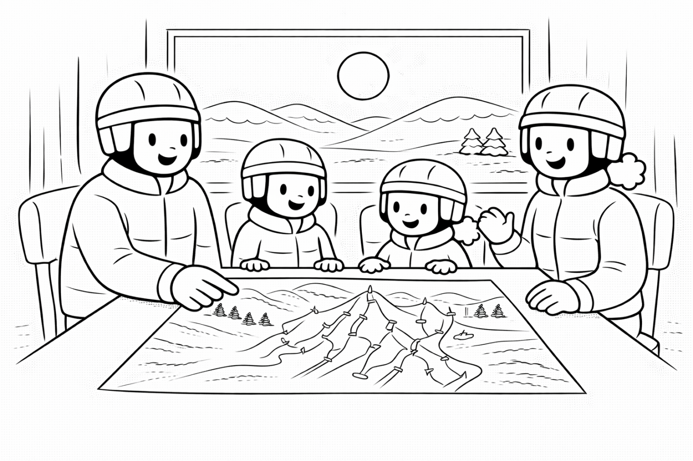 Ausmalbild: Skikarte lesen – kostenlose Malvorlage von Family Ski Tales