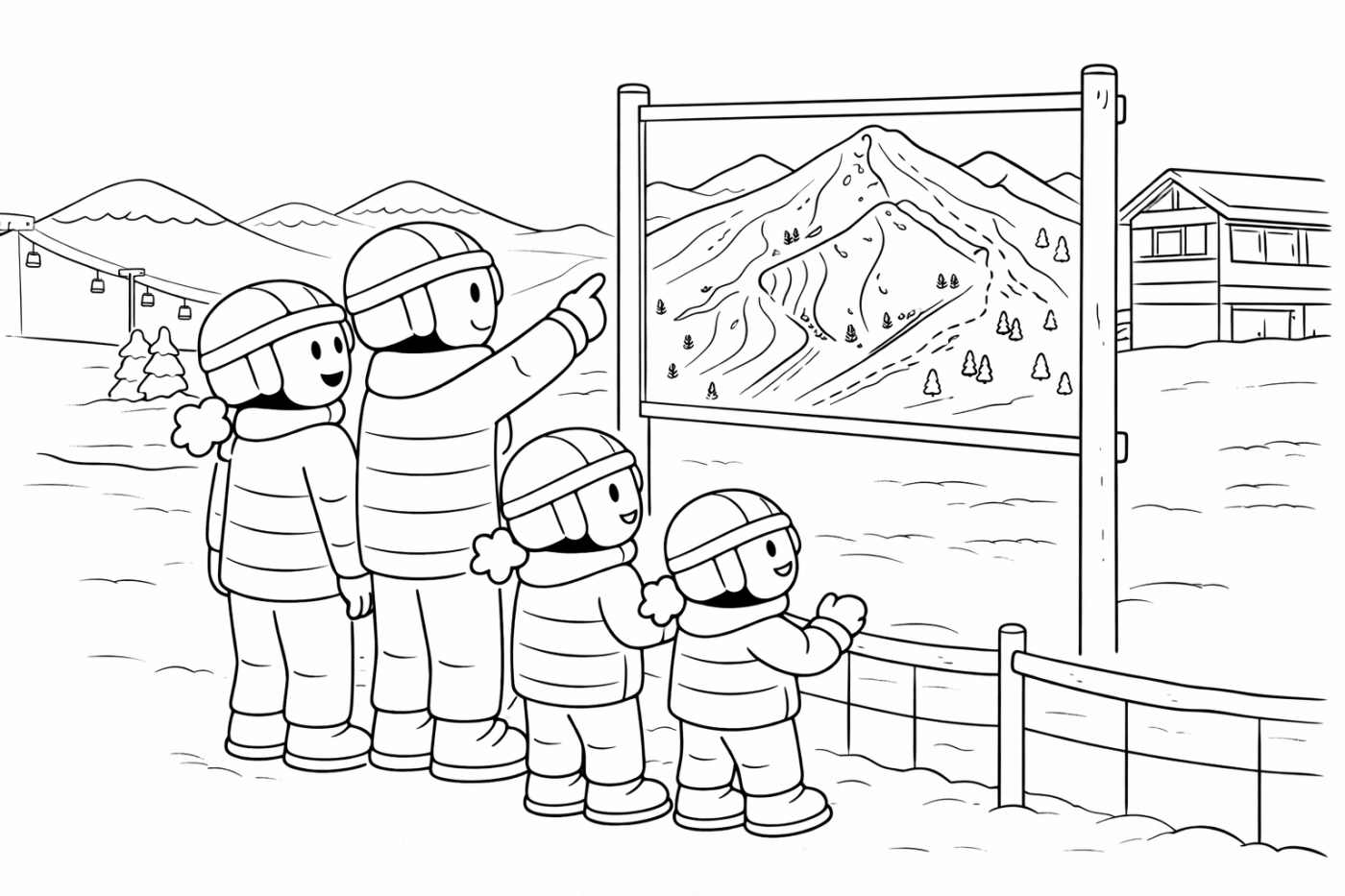 Ausmalbild: Die große Skikarte – kostenlose Malvorlage von Family Ski Tales
