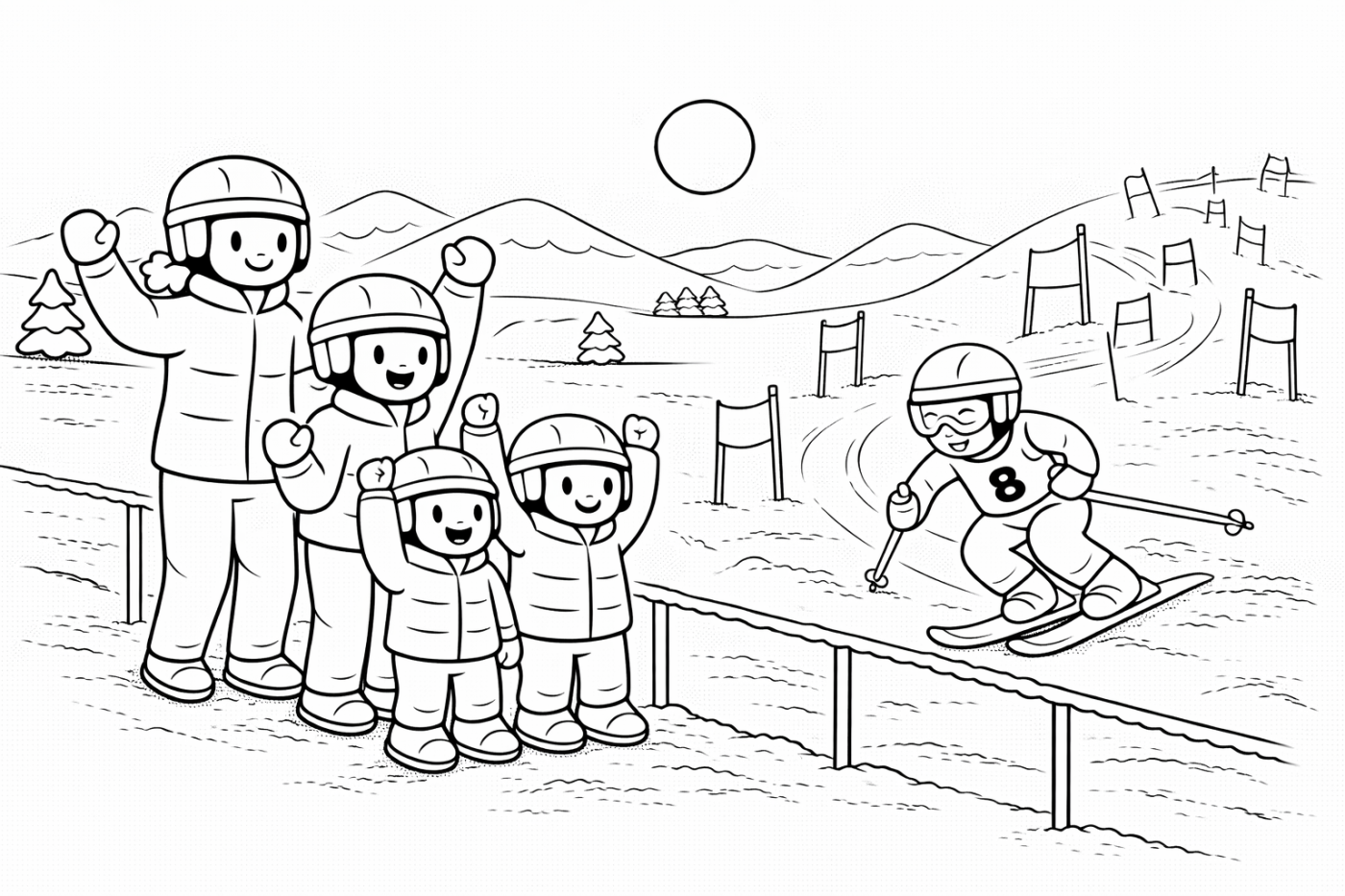 Ausmalbild: Slalomrennen – kostenlose Malvorlage von Family Ski Tales