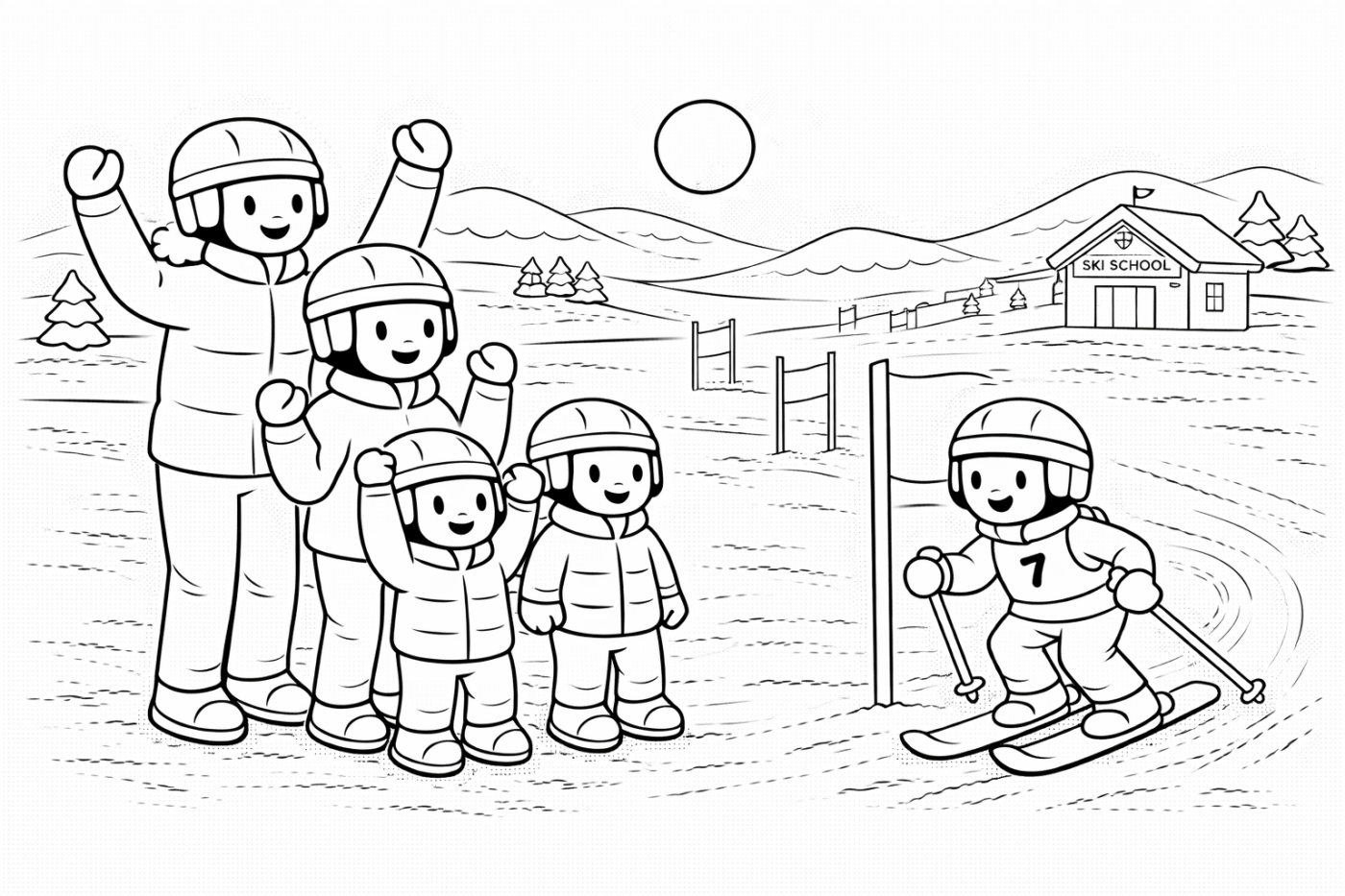 Ausmalbild: Skirennen der Skischule – kostenlose Malvorlage von Family Ski Tales