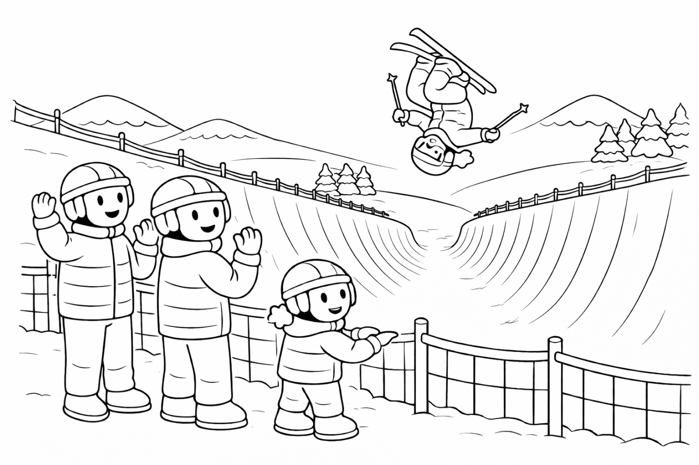 Ausmalbild: In der Halfpipe – kostenlose Malvorlage von Family Ski Tales