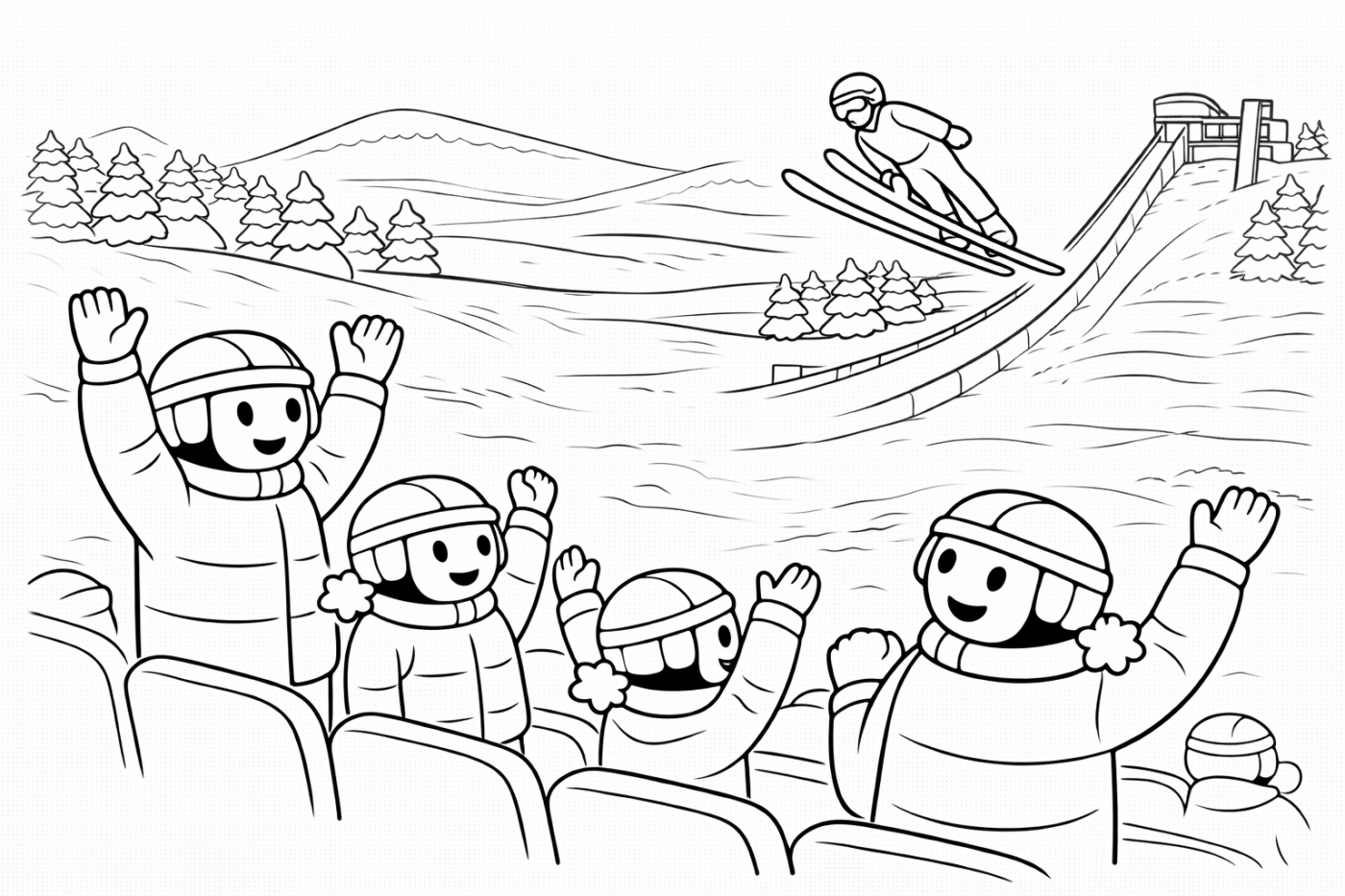 Ausmalbild: Skispringen – kostenlose Malvorlage von Family Ski Tales