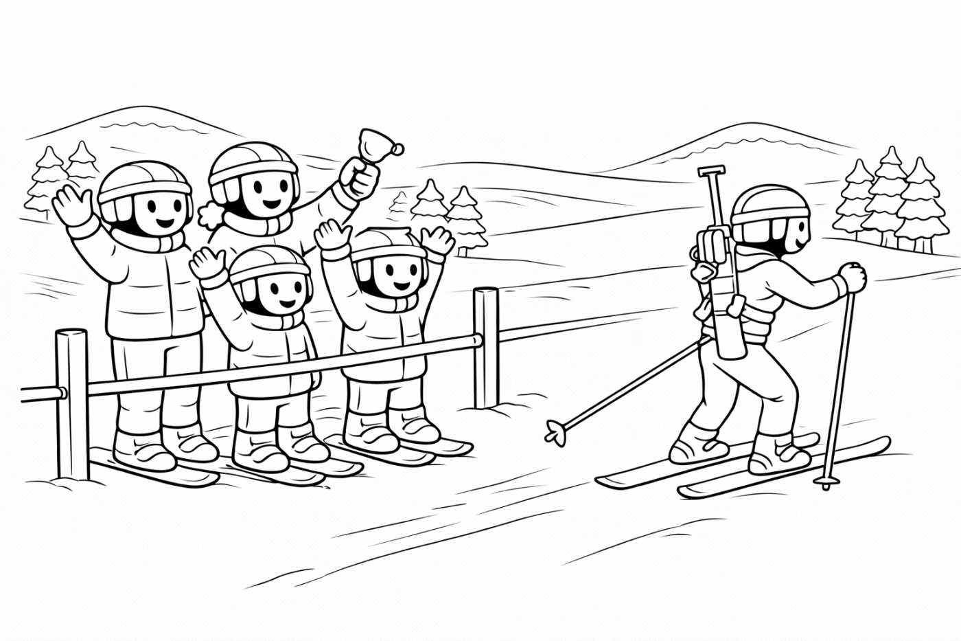 Ausmalbild: Biathlon-Rennen – kostenlose Malvorlage von Family Ski Tales