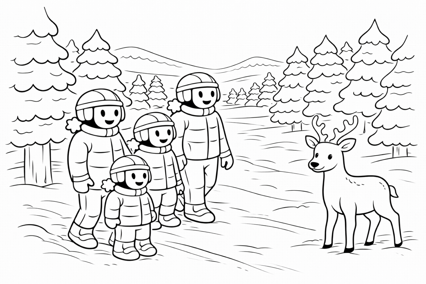 Ausmalbild: Winterspaziergang – kostenlose Malvorlage von Family Ski Tales