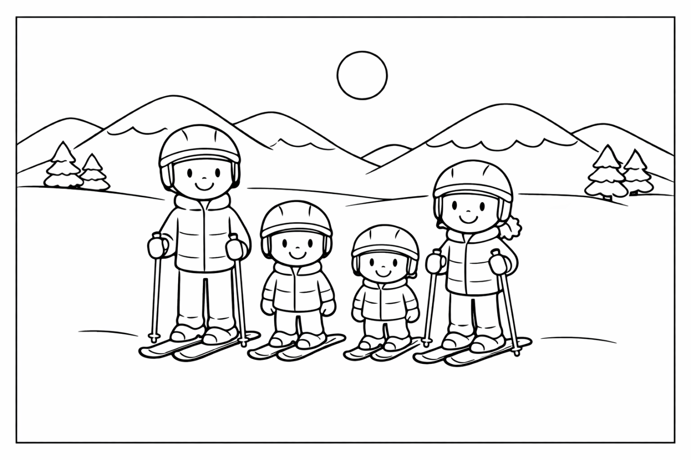 Ausmalbild: Familie vor der Berglandschaft – kostenlose Malvorlage von Family Ski Tales