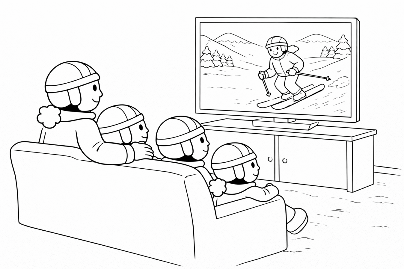 Ausmalbild: Skifilm-Abend – kostenlose Malvorlage von Family Ski Tales