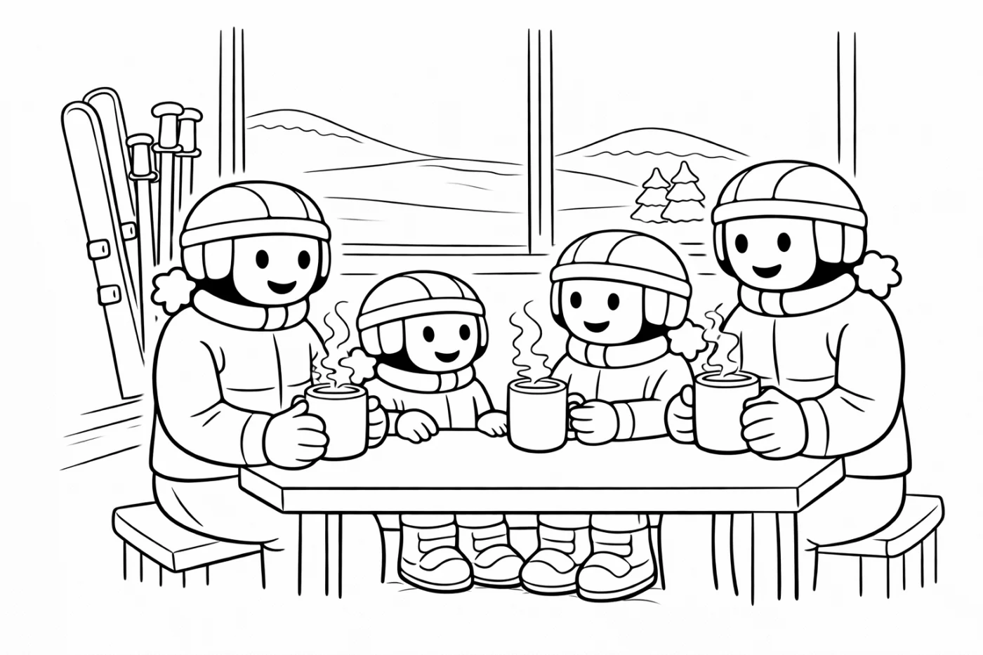 Ausmalbild: Heiße Schokolade in der Hütte – kostenlose Malvorlage von Family Ski Tales