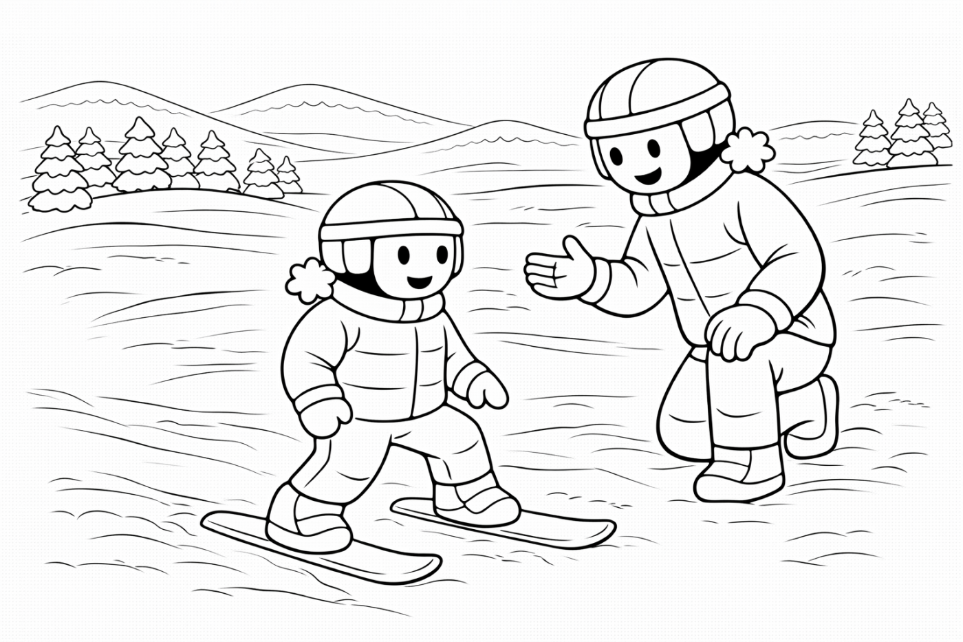 Ausmalbild: In der Skischule – kostenlose Malvorlage von Family Ski Tales