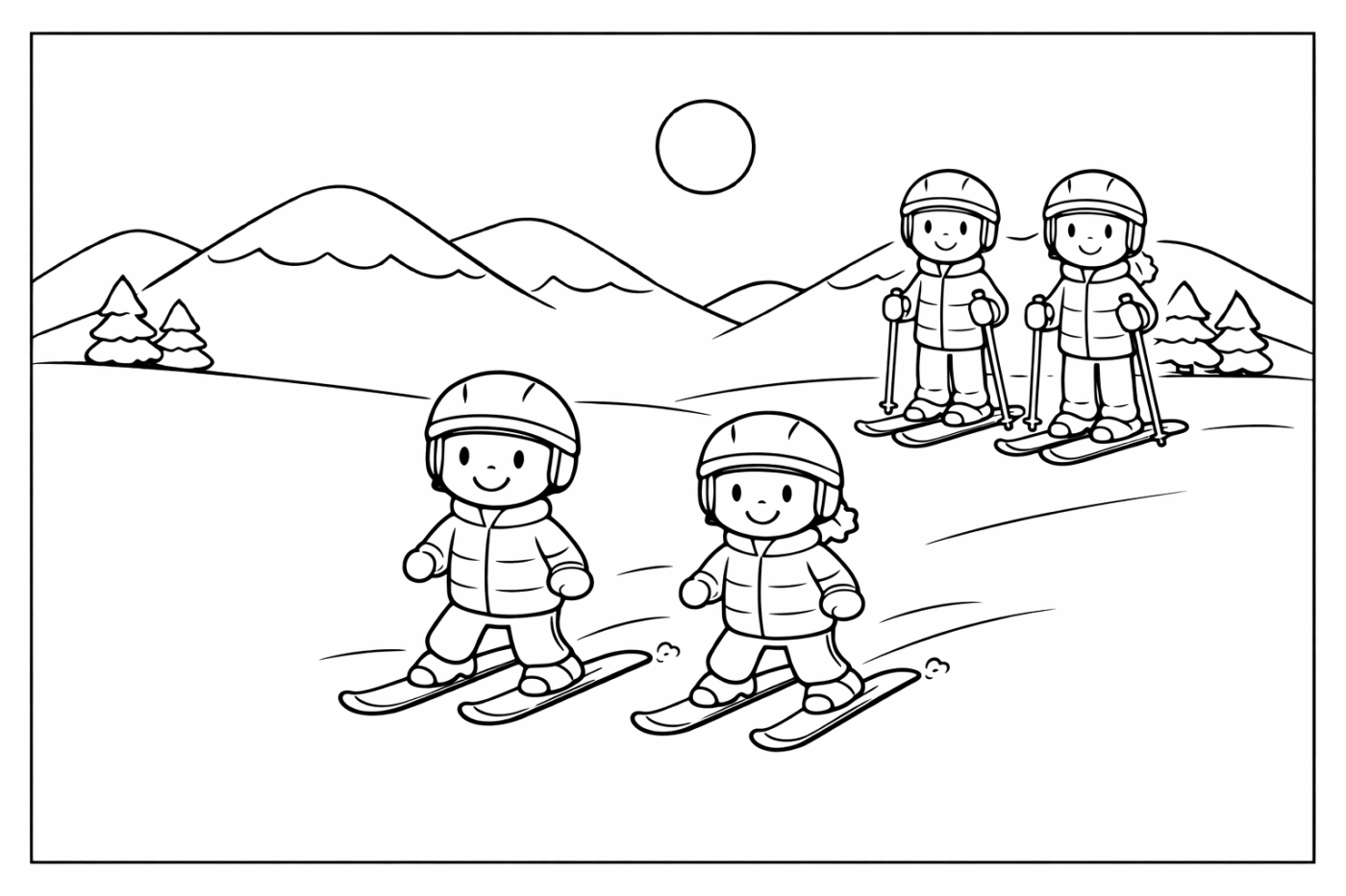 Ausmalbild: Kinder sausen den Berg hinunter – kostenlose Malvorlage von Family Ski Tales
