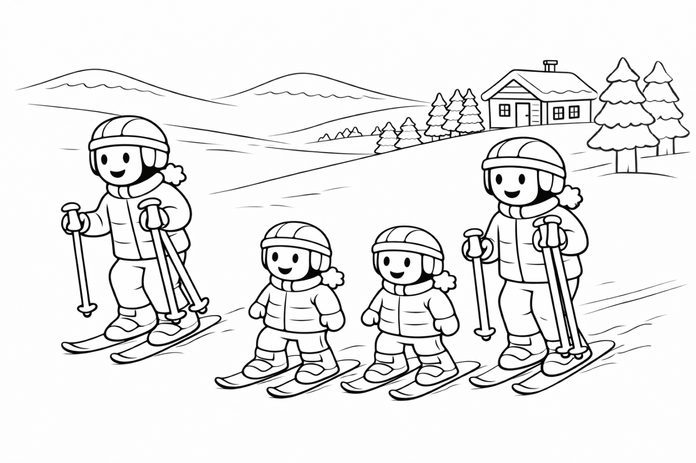 Ausmalbild: Skifahren vor der Hütte – kostenlose Malvorlage von Family Ski Tales