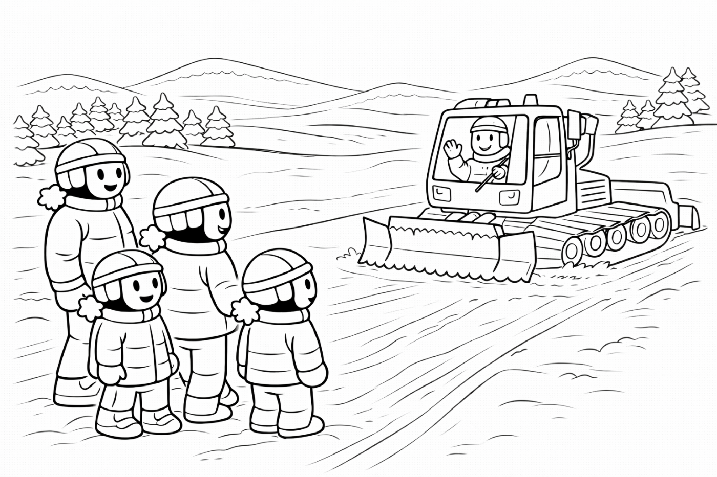 Ausmalbild: Die Pistenraupe – kostenlose Malvorlage von Family Ski Tales